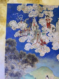 Chinese school, ink and color on canvas: 'Mountainous landscape with goddesses, mythical animals and boys', 19/20th C.